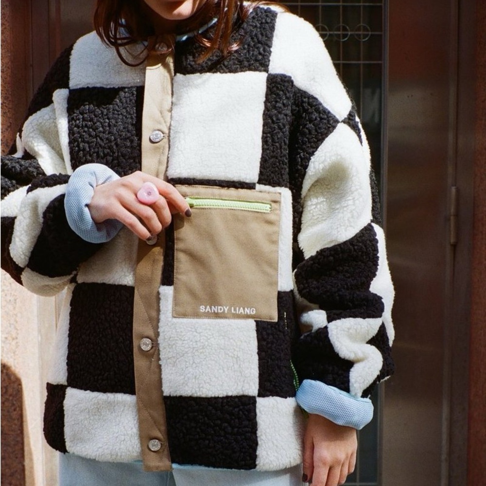sandy liang size medium checkerboard fleece jacket